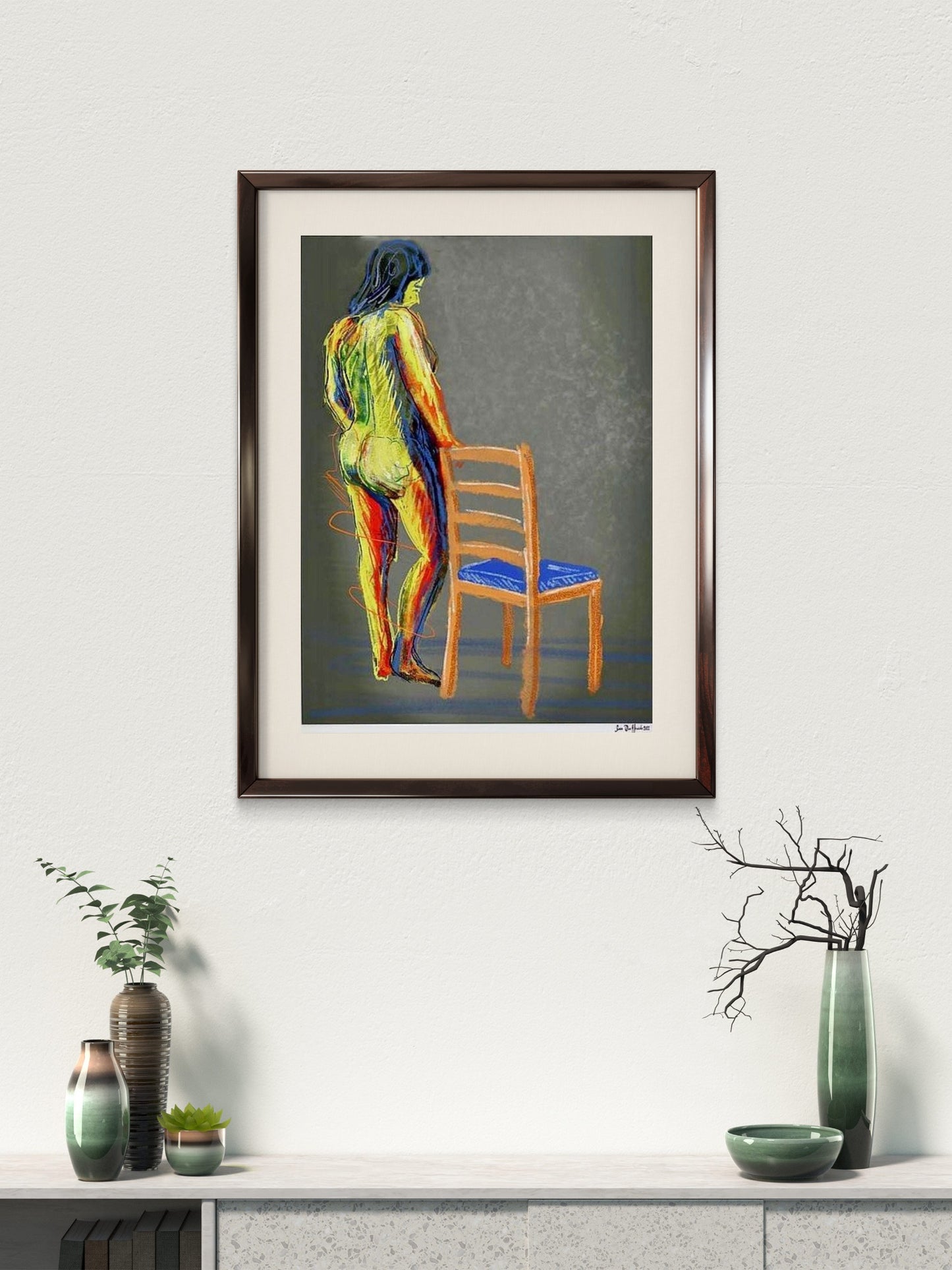 Akt modell – figurativt nude kunstprint i varm akvarellestetikk, elegant menneskefigur av HareideART