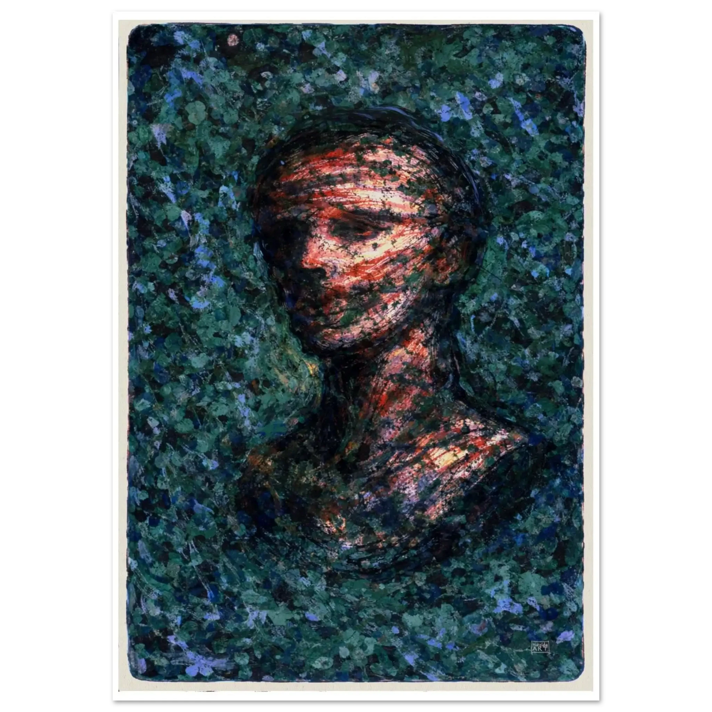 Ansikt i stillhet – abstrakt portrettkunst med myke former og dempet farge i giclée-trykk, kunstprint av HareideART