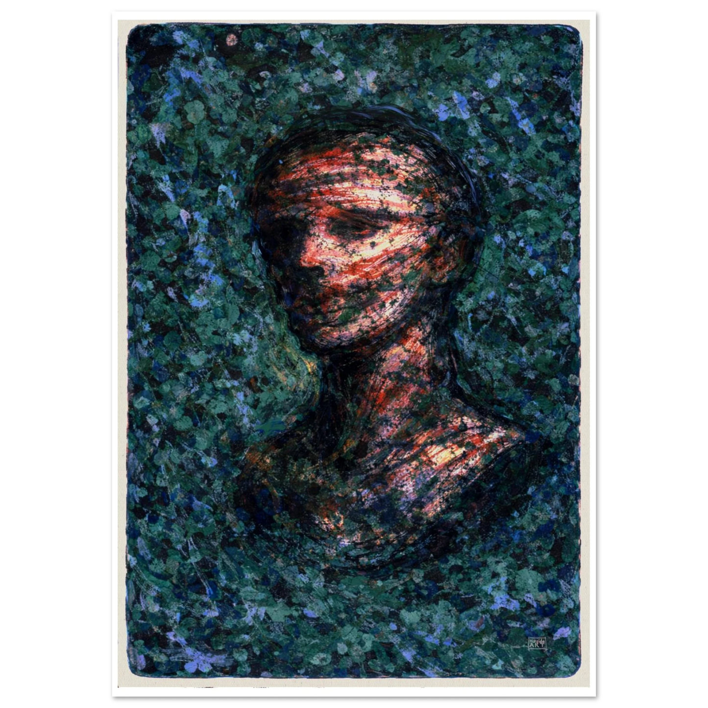 Stilisert moderne kunst med uttrykksfulle former og rolige toner 