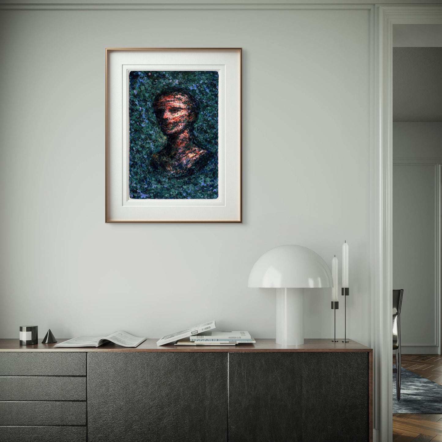 Stilisert moderne kunst med uttrykksfulle former og rolige toner – digitalt kunstverk over sjenk