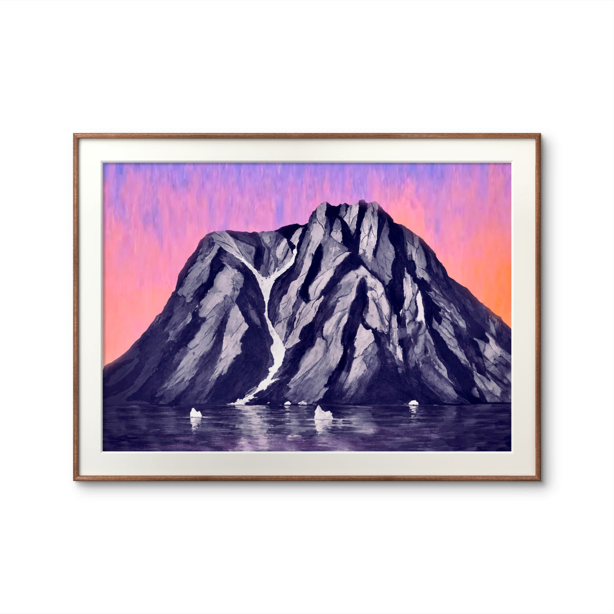 Arktisk glød – nordnorsk fjellmotiv der kaldt blågrått møter varm rosa himmel, giclée-print fra HareideART