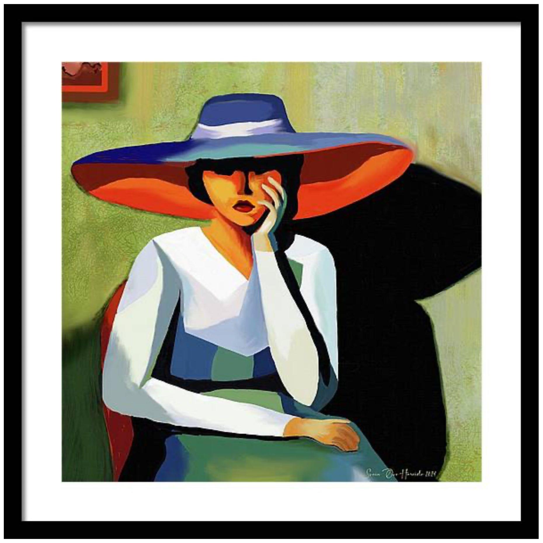 Big hat portrait – elegant figurativt portrett med stor hatt og sterk tilstedeværelse og karakter, kunstprint av HareideART