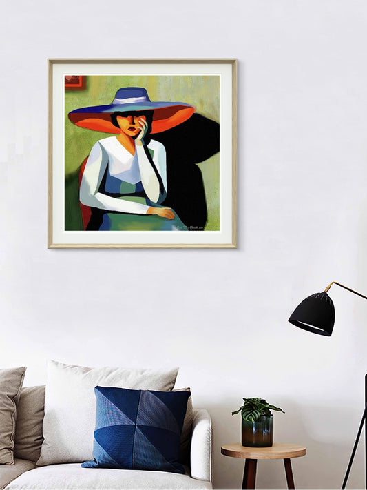 Big hat portrait – elegant figurativt portrett med stor hatt og sterk tilstedeværelse og karakter, kunstprint av HareideART