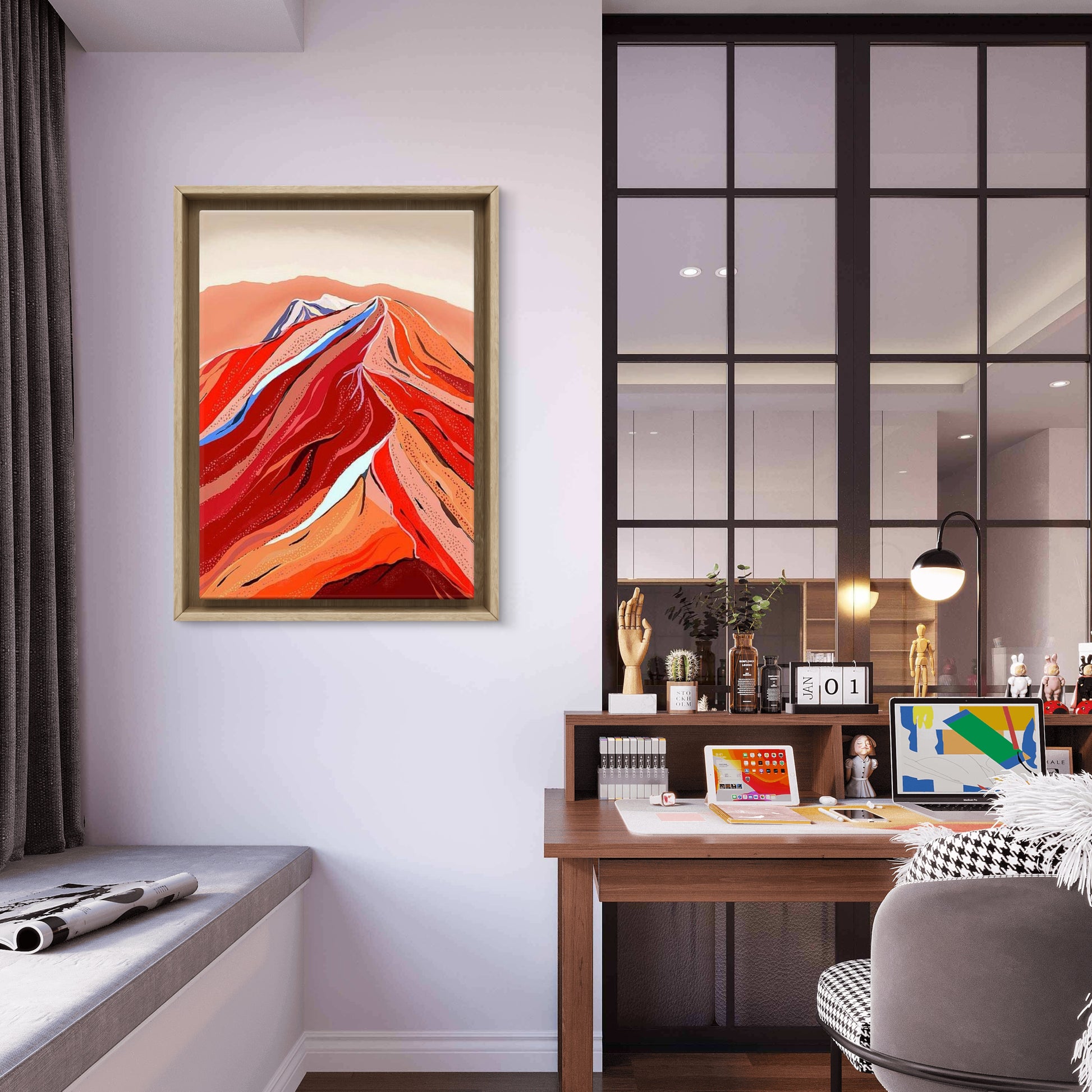 Blodrød fjelltopp på vegg i ramme