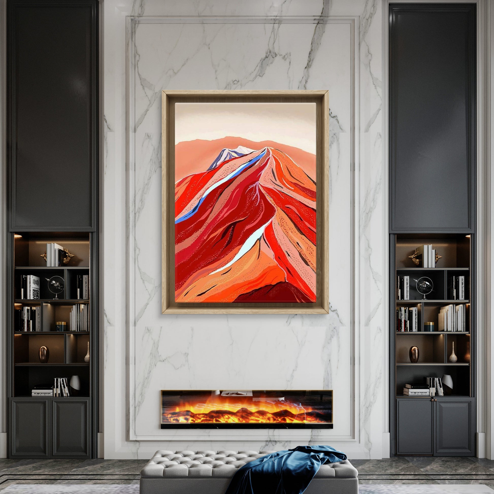 Blodrød fjelltopp i ramme på vegg