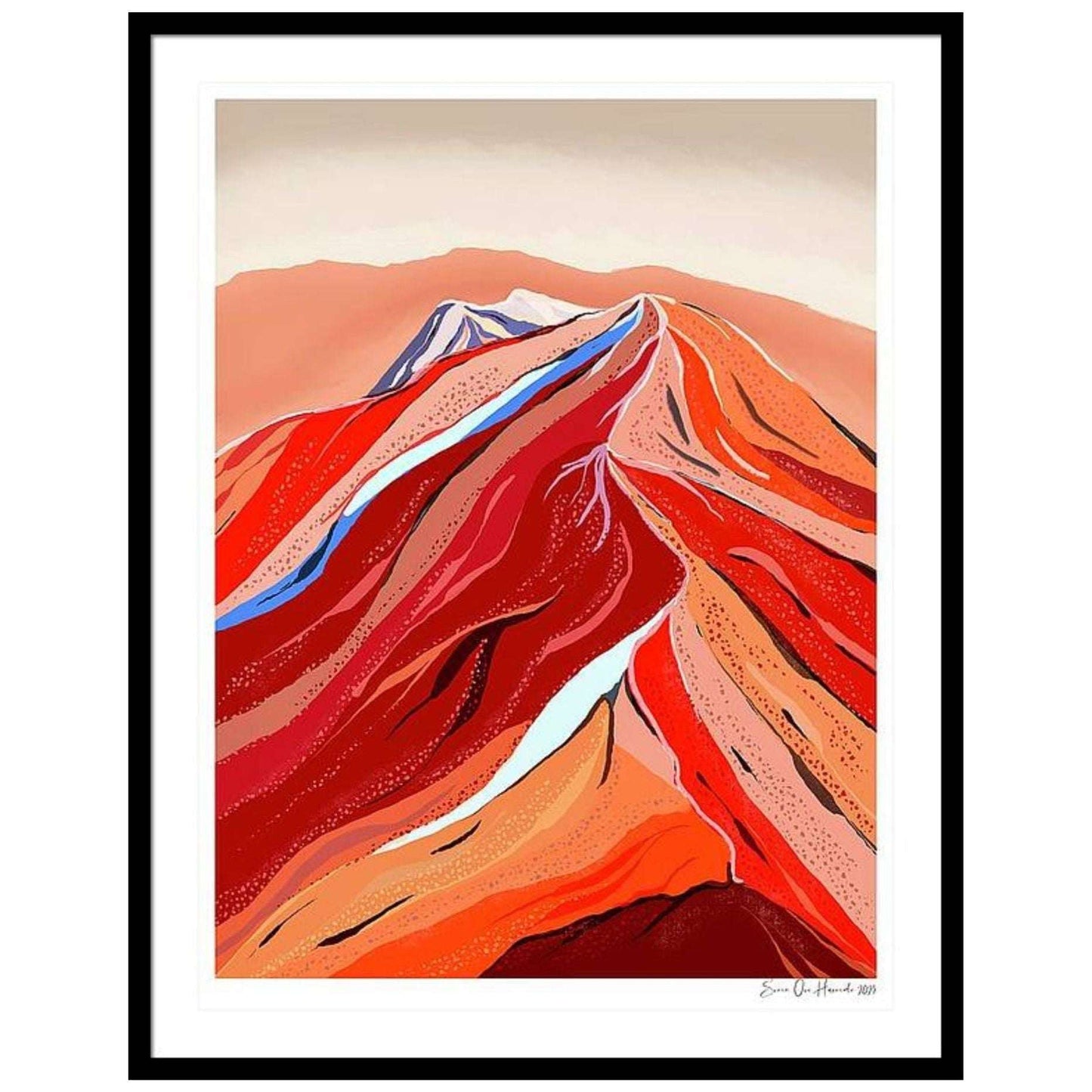 Blodrøde topper i skumringen – abstrakt fjellandskap med dramatiske røde fjelltopper i kveldslys, kunstprint av HareideART