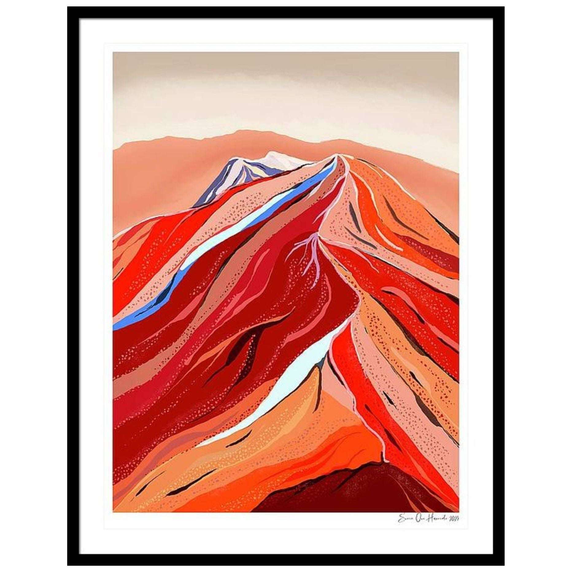 Blodrøde topper i skumringen – abstrakt fjellandskap med dramatiske røde fjelltopper i kveldslys, kunstprint av HareideART