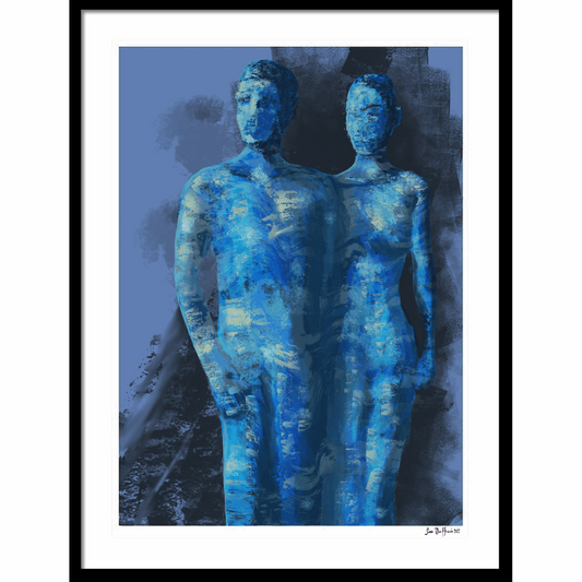 Blue Couple i sort ramme – figurativt kjærlighetskunstverk med dyp blå palett og nærhet mellom to figurer, giclée print av HareideART