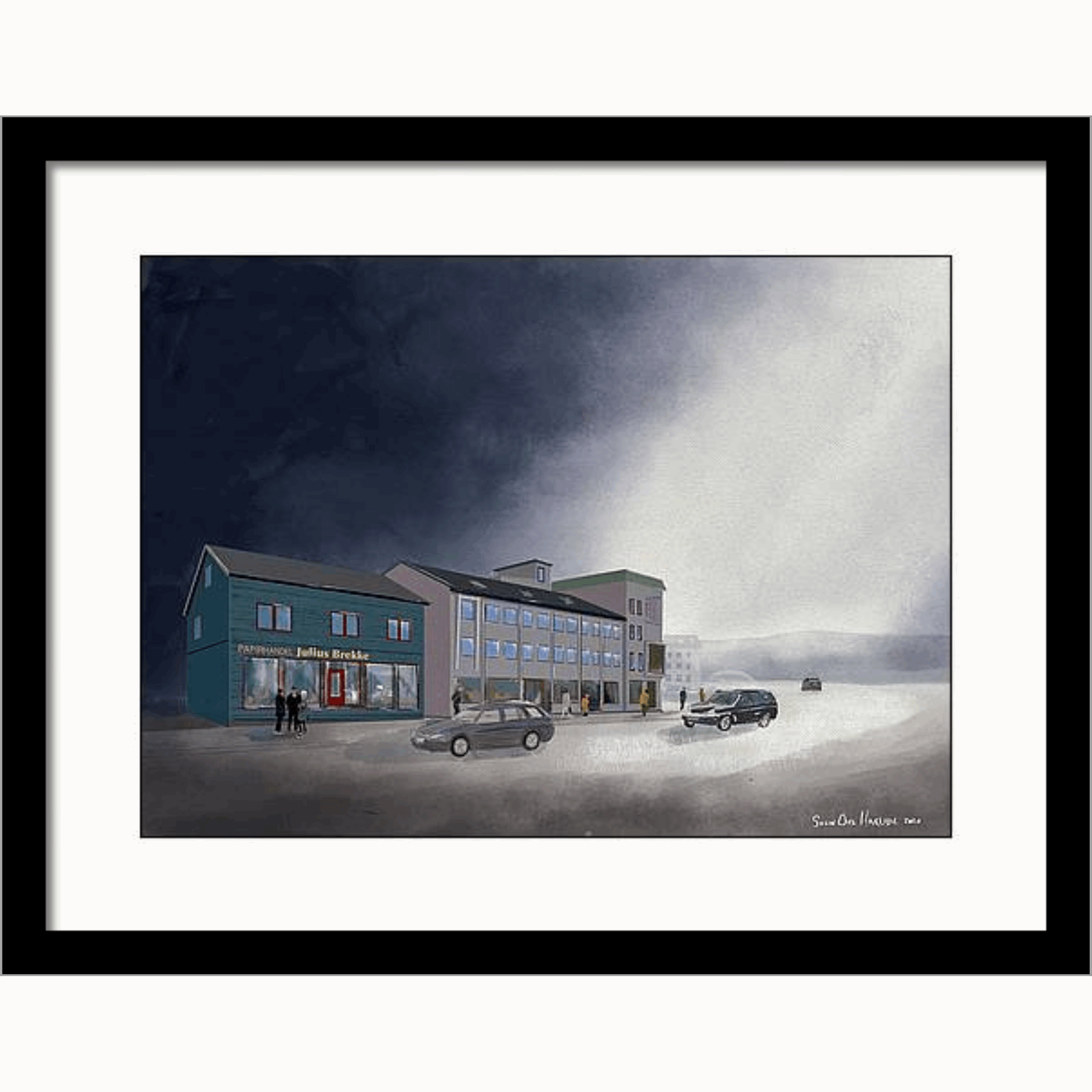 Brekkegården Narvik i sort ramme – historisk bybygning oppkalt etter Julius Brekke, kunstprint av HareideART