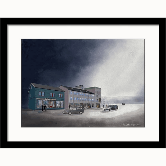 Brekkegården Narvik i sort ramme – historisk bybygning oppkalt etter Julius Brekke, kunstprint av HareideART