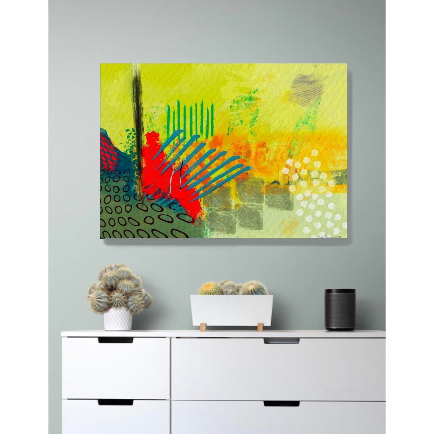 Building Blocks – kraftfullt moderne abstrakt kunstverk med eksplosive farger og geometriske former, digitalt print av HareideART