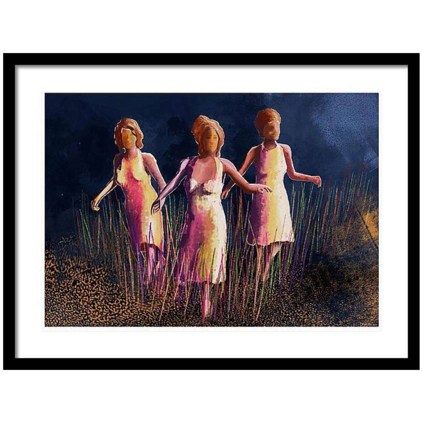 Månelystur – romantisk nattscene med enslig figur i blåtonet måneskinn langs stille vei, kunstprint av HareideART