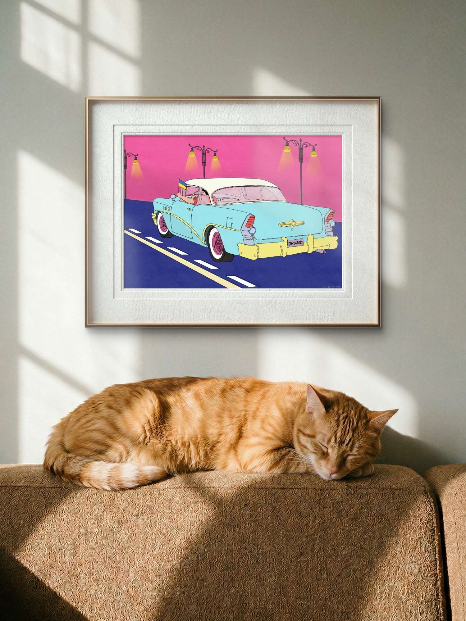 Cadillac Freedom mockup – popkunst print vist i moderne interiør, HareideART