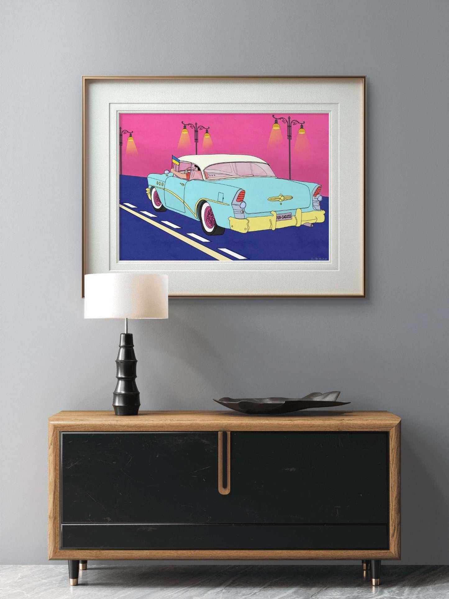 Cadillac Freedom detalj – nærbilde av farger og tekstur i ukrainsk flagg-motiv, pop art print av HareideART