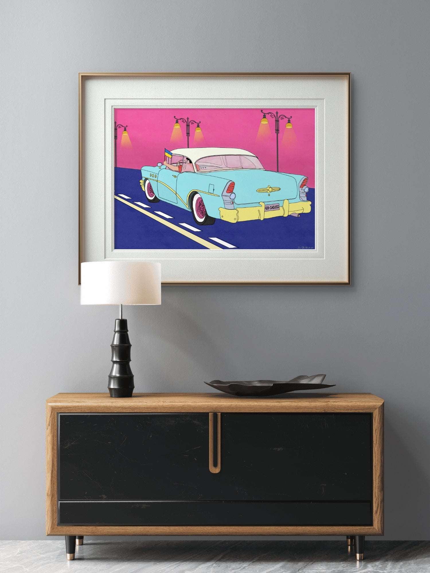 Cadillac Freedom detalj – nærbilde av farger og tekstur i ukrainsk flagg-motiv, pop art print av HareideART