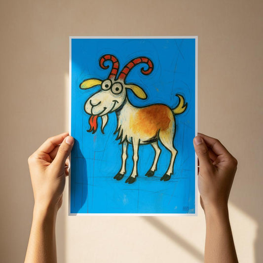 Den glade geitebukken – lekent og fargerikt dyremotiv med en frødig geit i glad og ekspressiv stil, kunstprint av HareideART