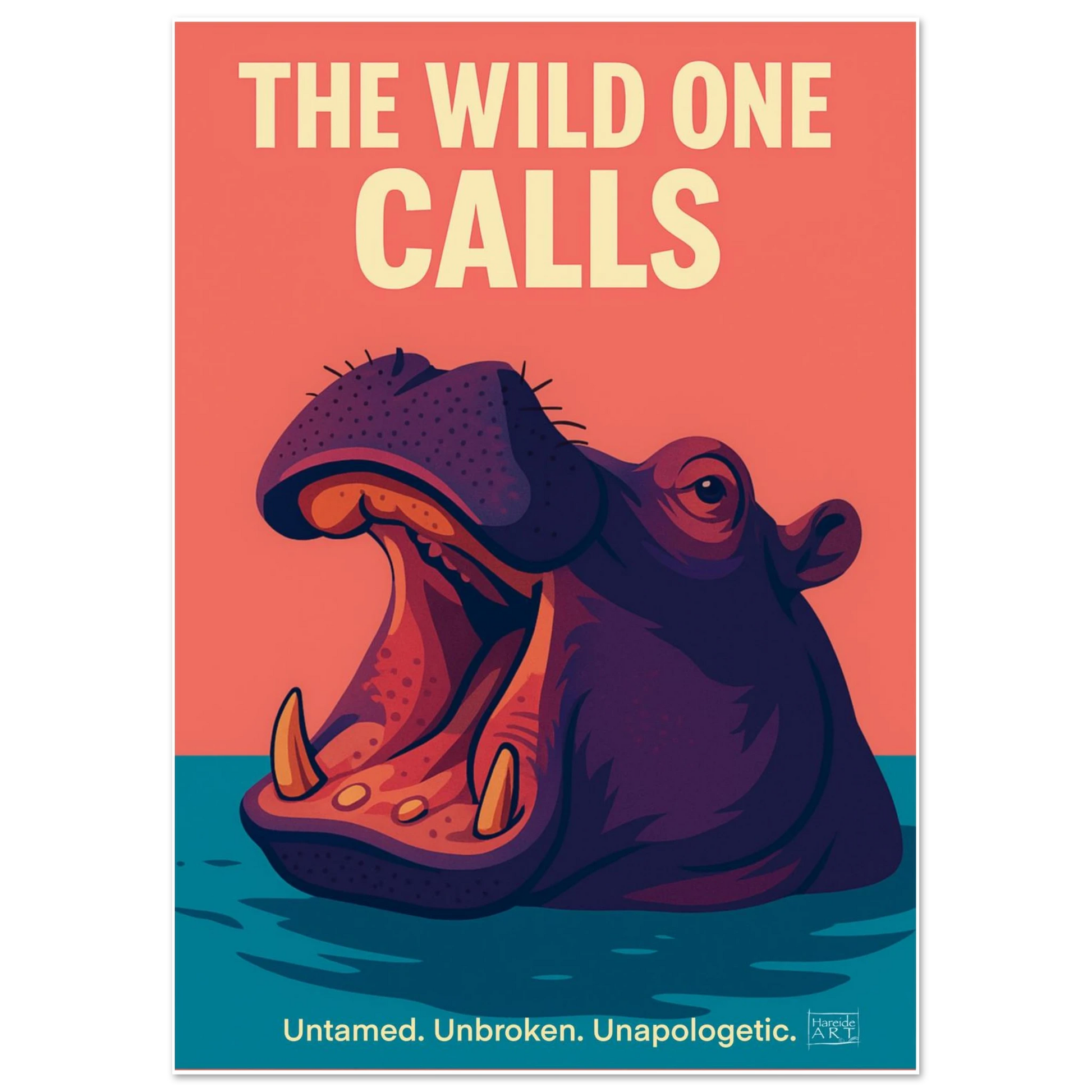The wild one calls flodhest – dramatisk flodhest som reiser seg fra vannet mot mørk bakgrunn med ruvende styrke, kunstprint av HareideART