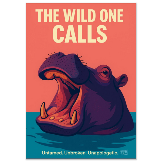 The wild one calls flodhest – dramatisk flodhest som reiser seg fra vannet mot mørk bakgrunn med ruvende styrke, kunstprint av HareideART