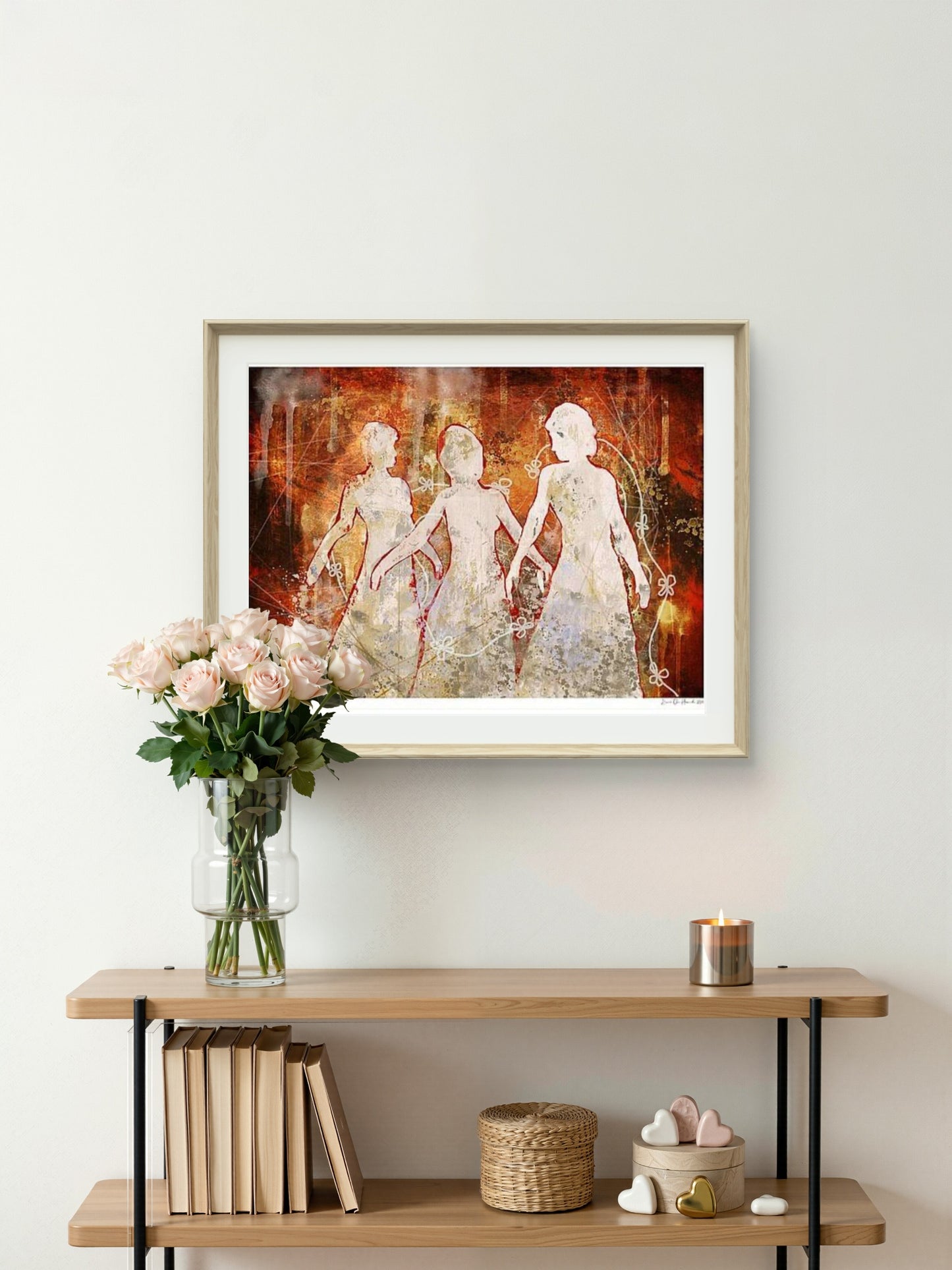 Elegant mystikk – tre hvite kvinner i fargerikt abstrakt landskap med sofistikert og gåtefullt uttrykk, kunstprint av HareideART