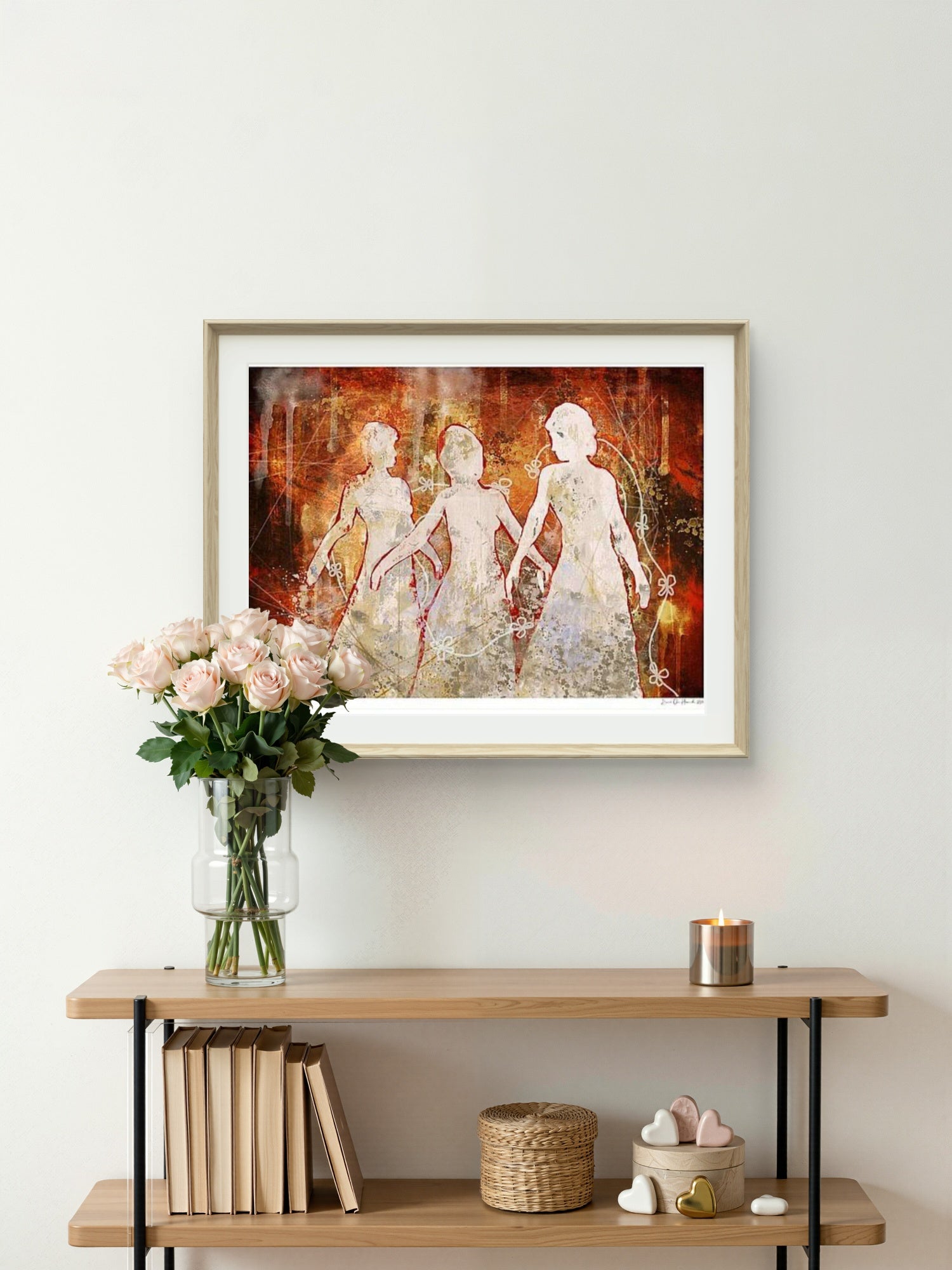 Elegant mystikk – tre hvite kvinner i fargerikt abstrakt landskap med sofistikert og gåtefullt uttrykk, kunstprint av HareideART