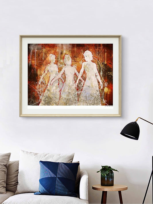Elegant mystikk – tre hvite kvinner i fargerikt abstrakt landskap med sofistikert og gåtefullt uttrykk, kunstprint av HareideART