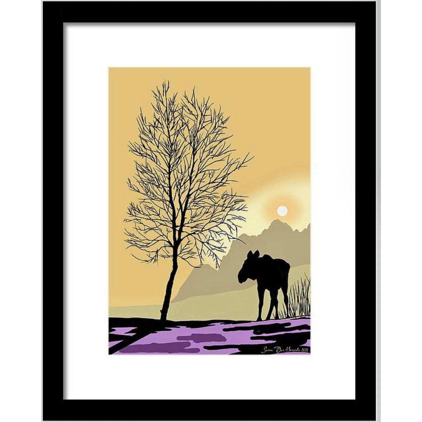Elg i solnedgang – abstrakt norsk naturkunst med dramatisk lysspill og stemningsfull villmark, kunstprint av HareideART
