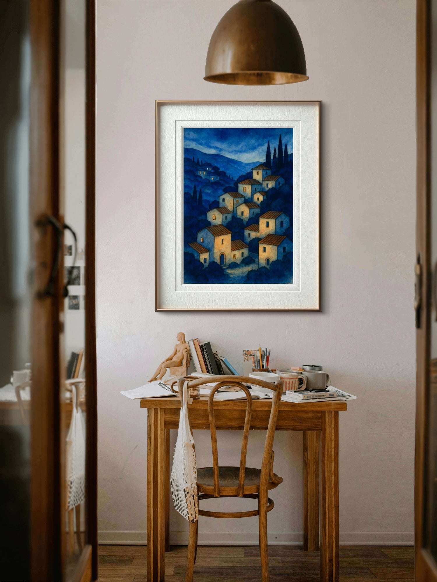 Pueblo Azul – Abstrakt Spansk Landsby i Blåtimen Print - HareideART