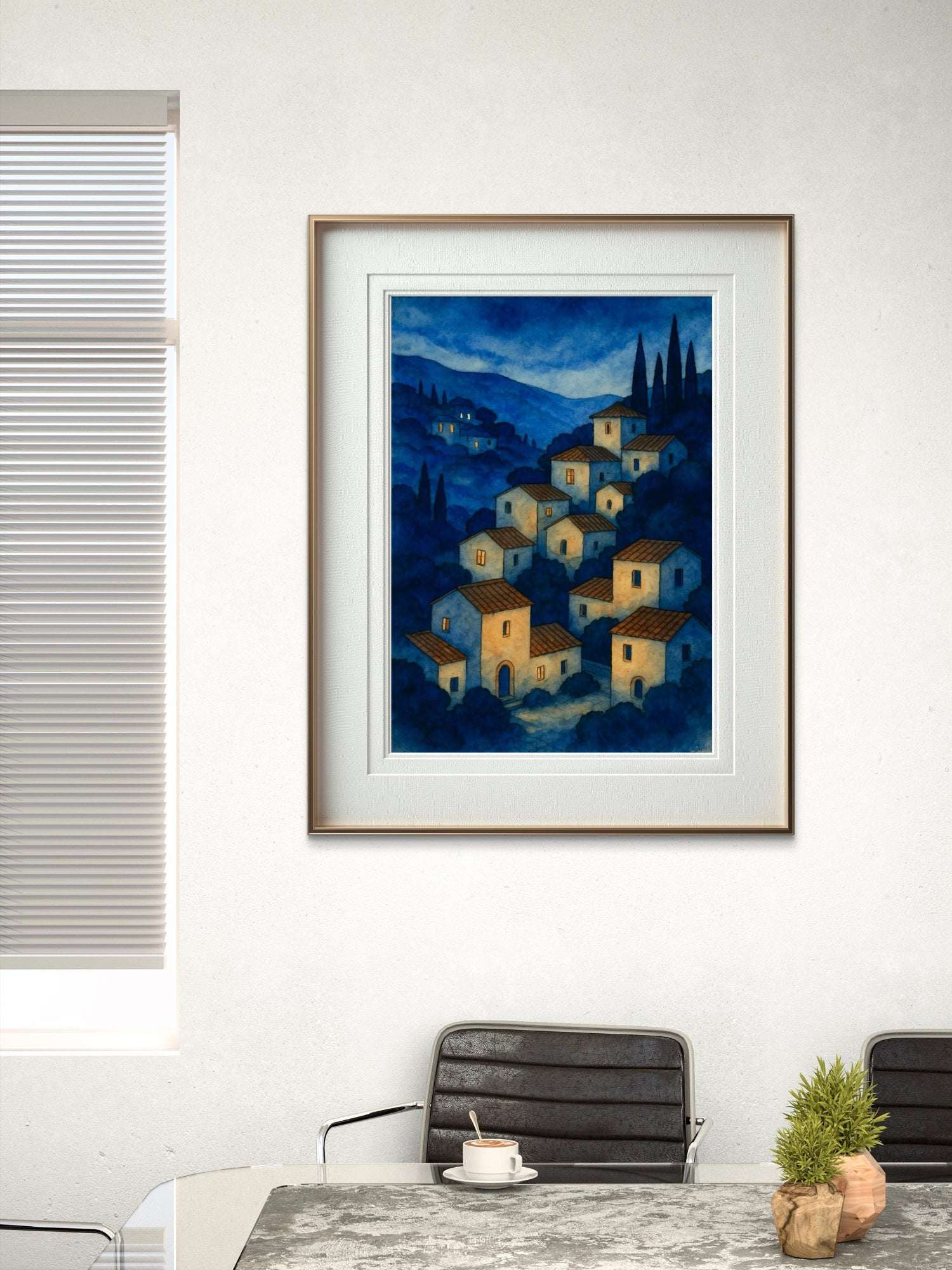 Pueblo Azul – Abstrakt Spansk Landsby i Blåtimen Print - HareideART