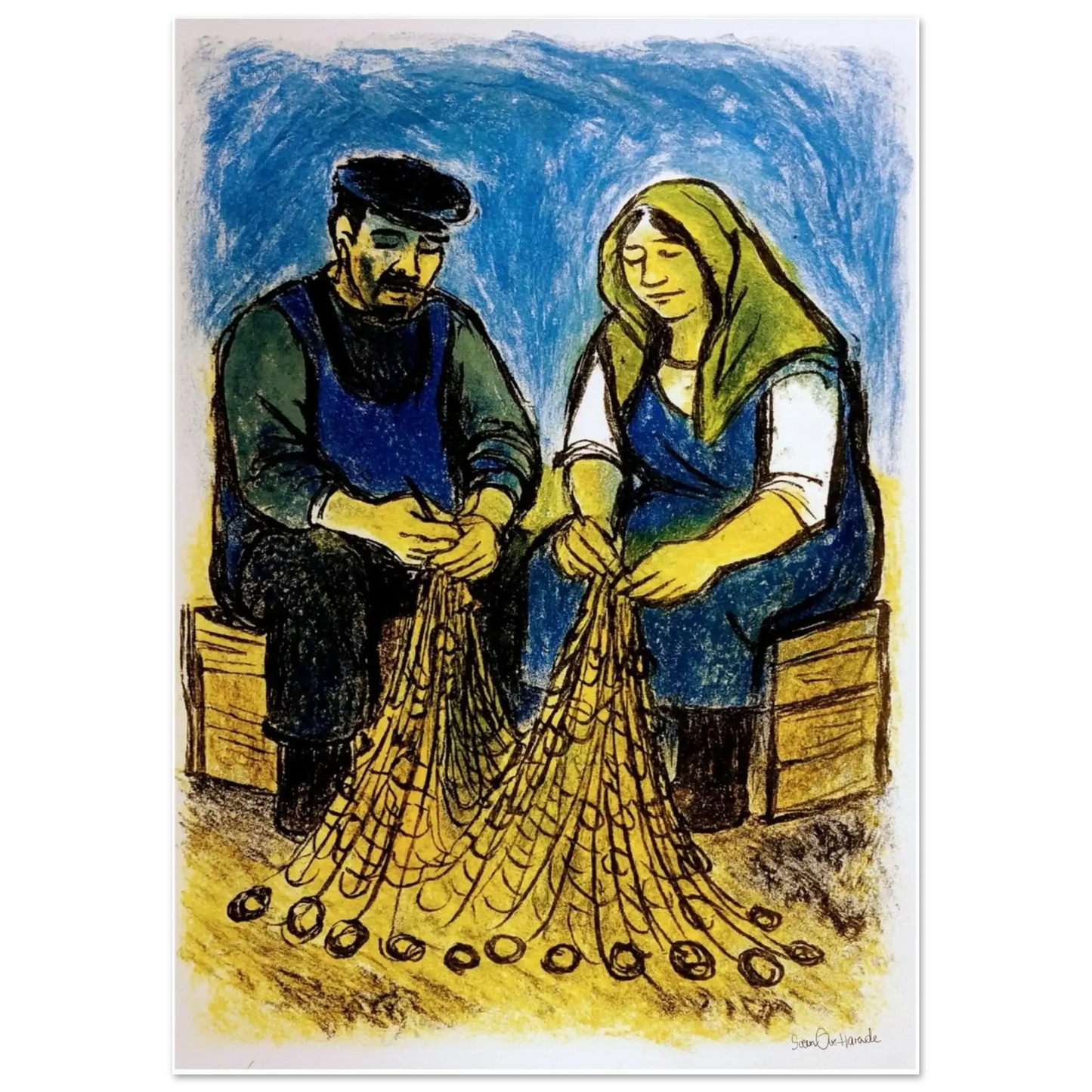 Et stille samarbeid – figurativt kystkunstverk med fiskerpar i nært og stille felles arbeid ved havet, kunstprint av HareideART