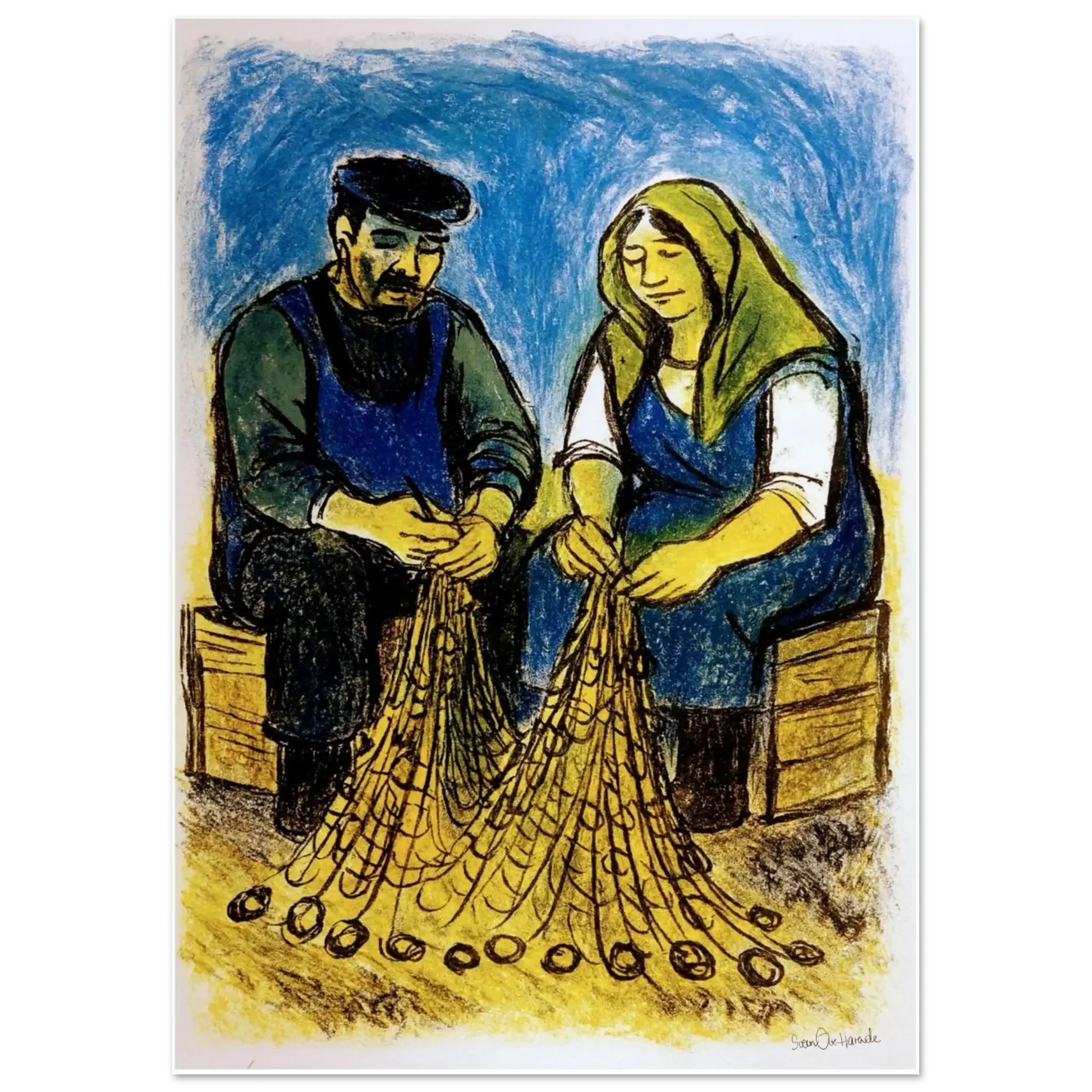 Et stille samarbeid – figurativt kystkunstverk med fiskerpar i nært og stille felles arbeid ved havet, kunstprint av HareideART