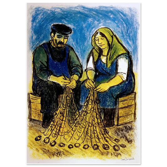 Et stille samarbeid – figurativt kystkunstverk med fiskerpar i nært og stille felles arbeid ved havet, kunstprint av HareideART