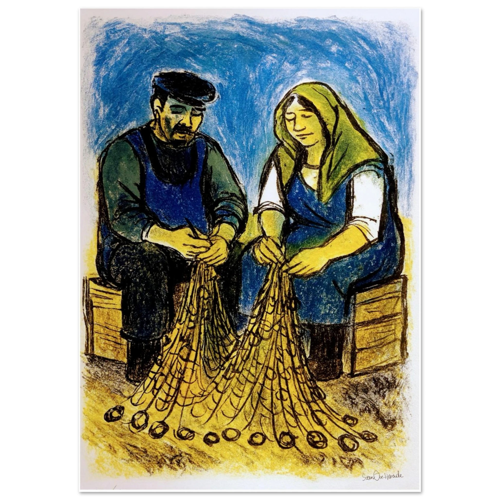 Fiskerparet jobber stille samme med sine fiskeredskaper