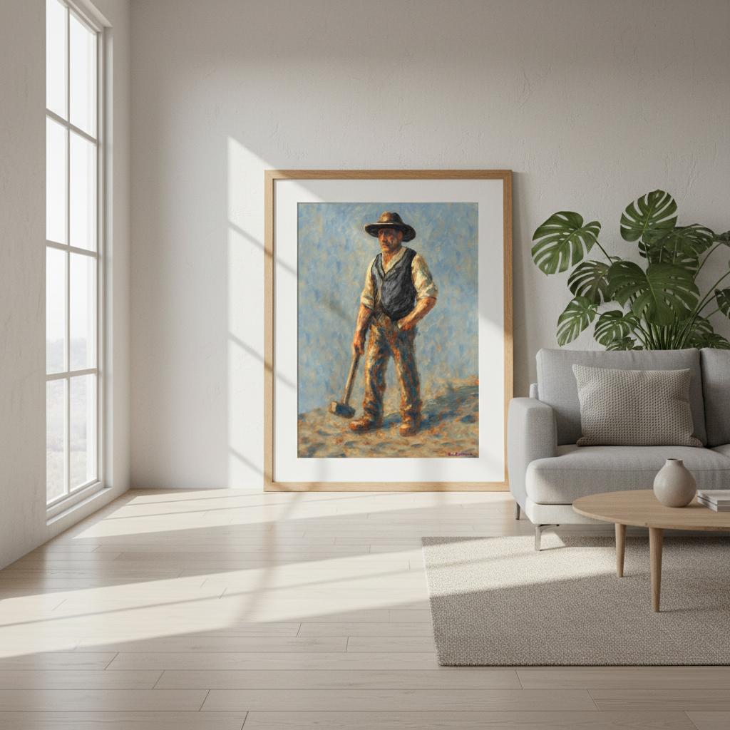 Et øyeblikk i rallartiden – historisk figurativt motiv fra jernbaneepoken med rallarkultur og Narvik-stemning, kunstprint av HareideART
