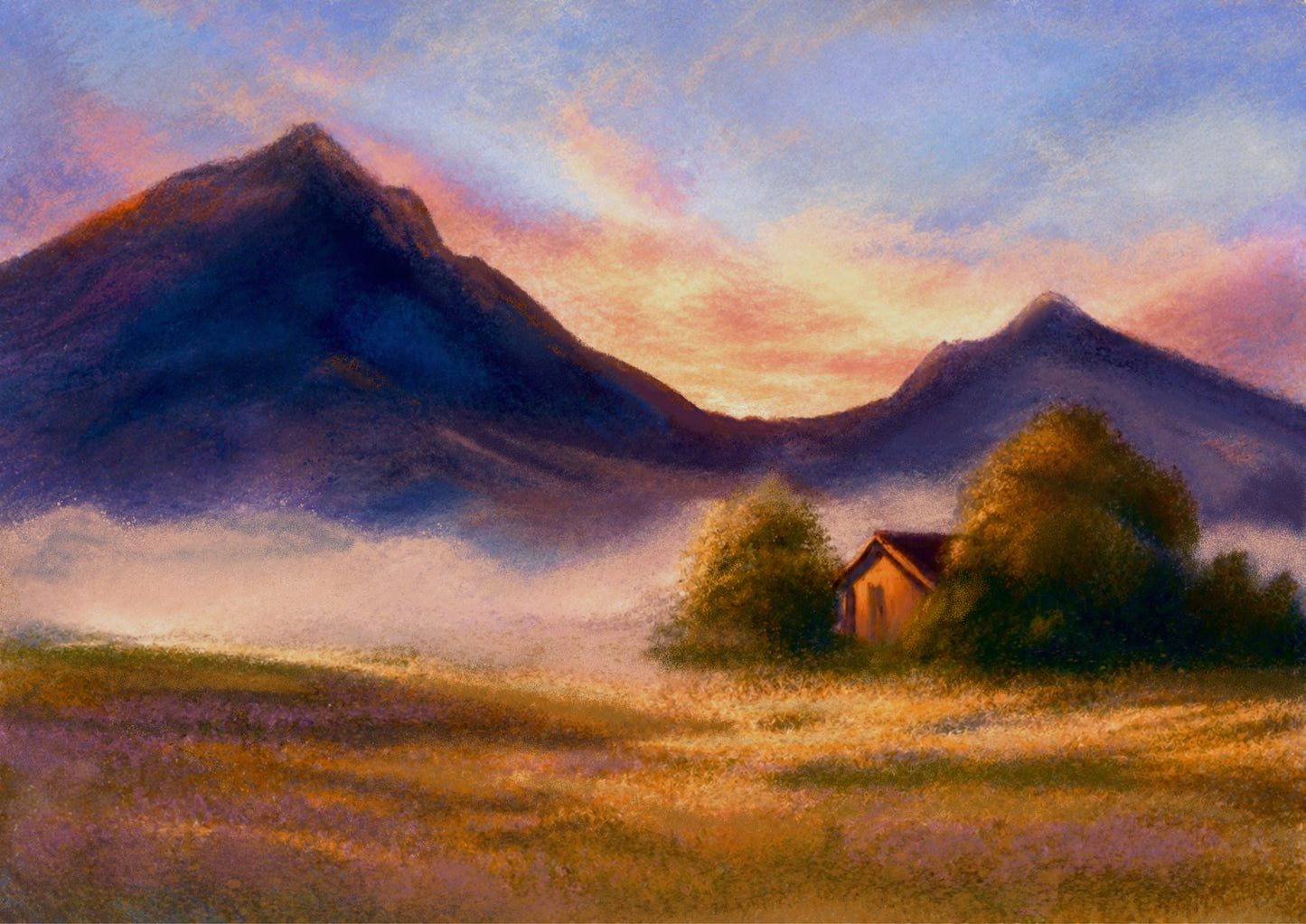 Før tåken letter – sensommermorgen ved fjellkoie med tåke over markene og dugg i lyngen, mens solen så vidt treffer fjelltoppene – stille, rolig stemning i digitalt giclée-kunsttrykk av Svein Ove Hareide, HareideART