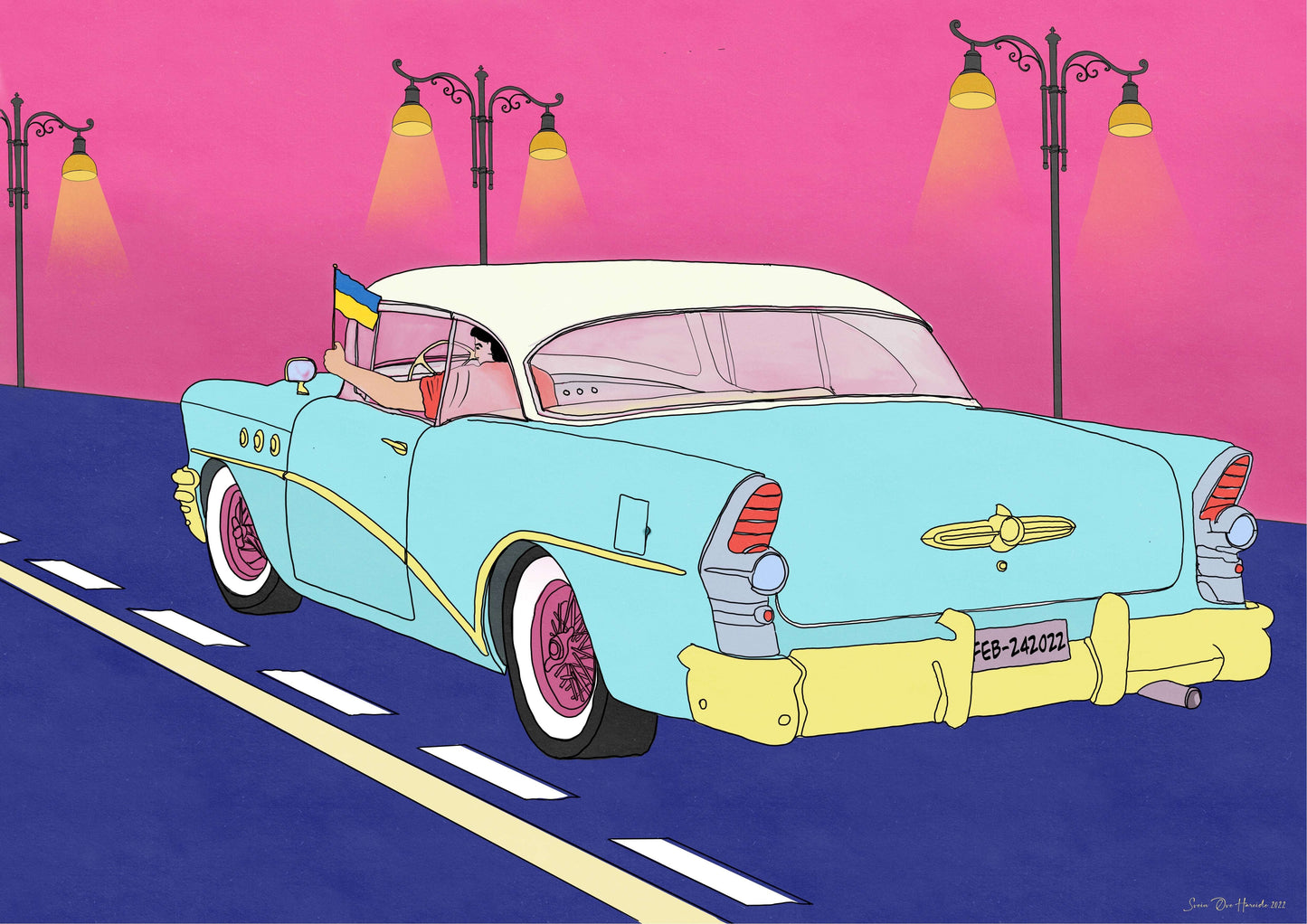 Cadillac Freedom i sort ramme – fargerik popkunst med Cadillac og ukrainsk flagg, digitalt kunstprint av HareideART