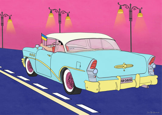 Cadillac Freedom i sort ramme – fargerik popkunst med Cadillac og ukrainsk flagg, digitalt kunstprint av HareideART