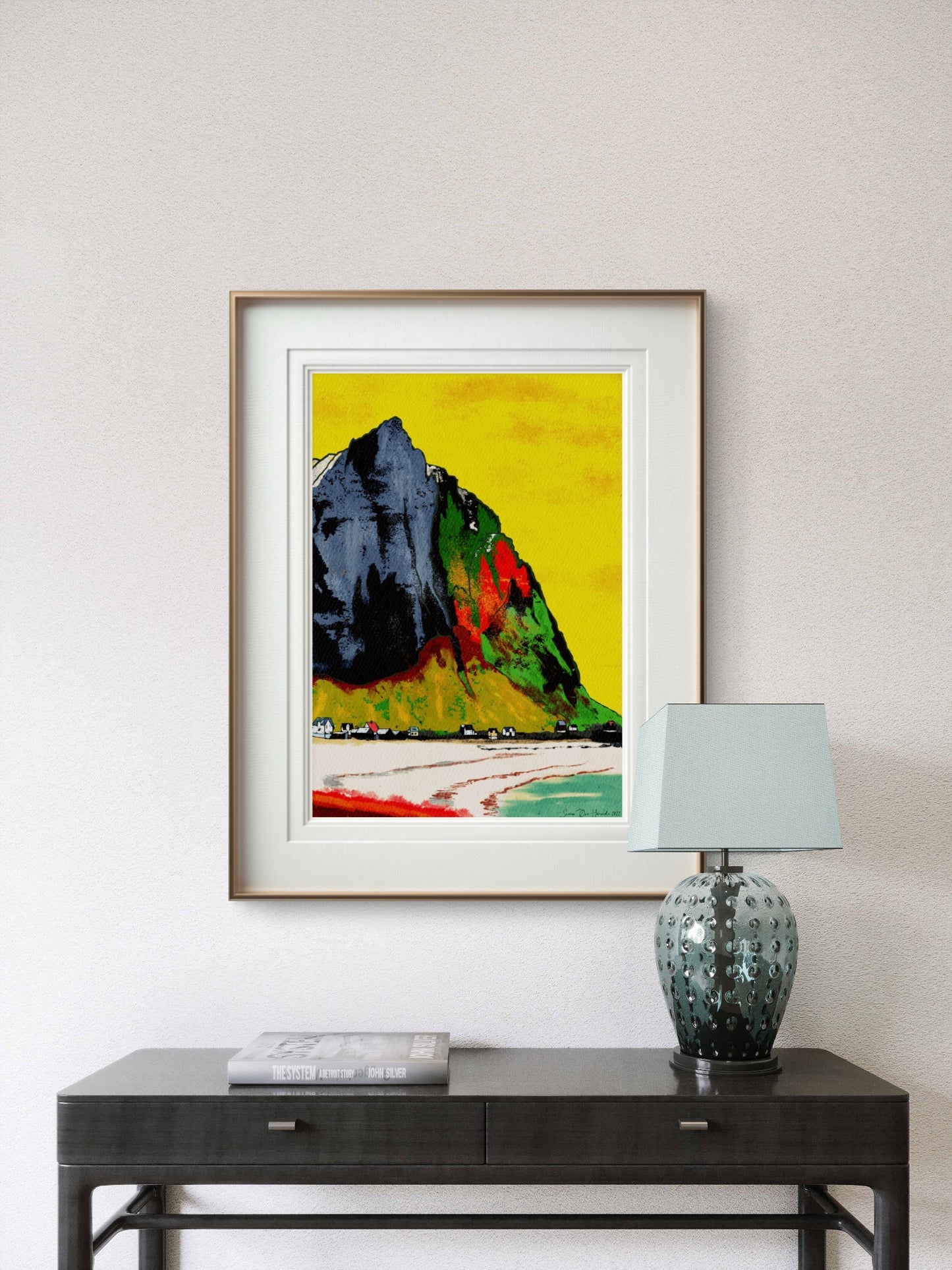 Fargerikt fjell i Lofoten uten ramme – abstrakt ekspressiv Lofoten-kunst i sterke farger, HareideART