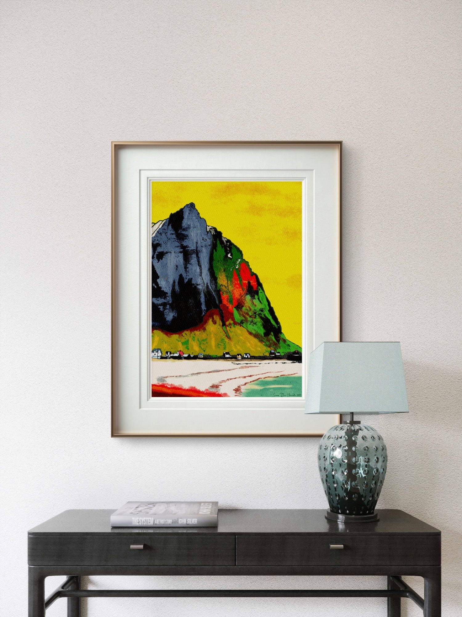 Fargerikt fjell i Lofoten uten ramme – abstrakt ekspressiv Lofoten-kunst i sterke farger, HareideART