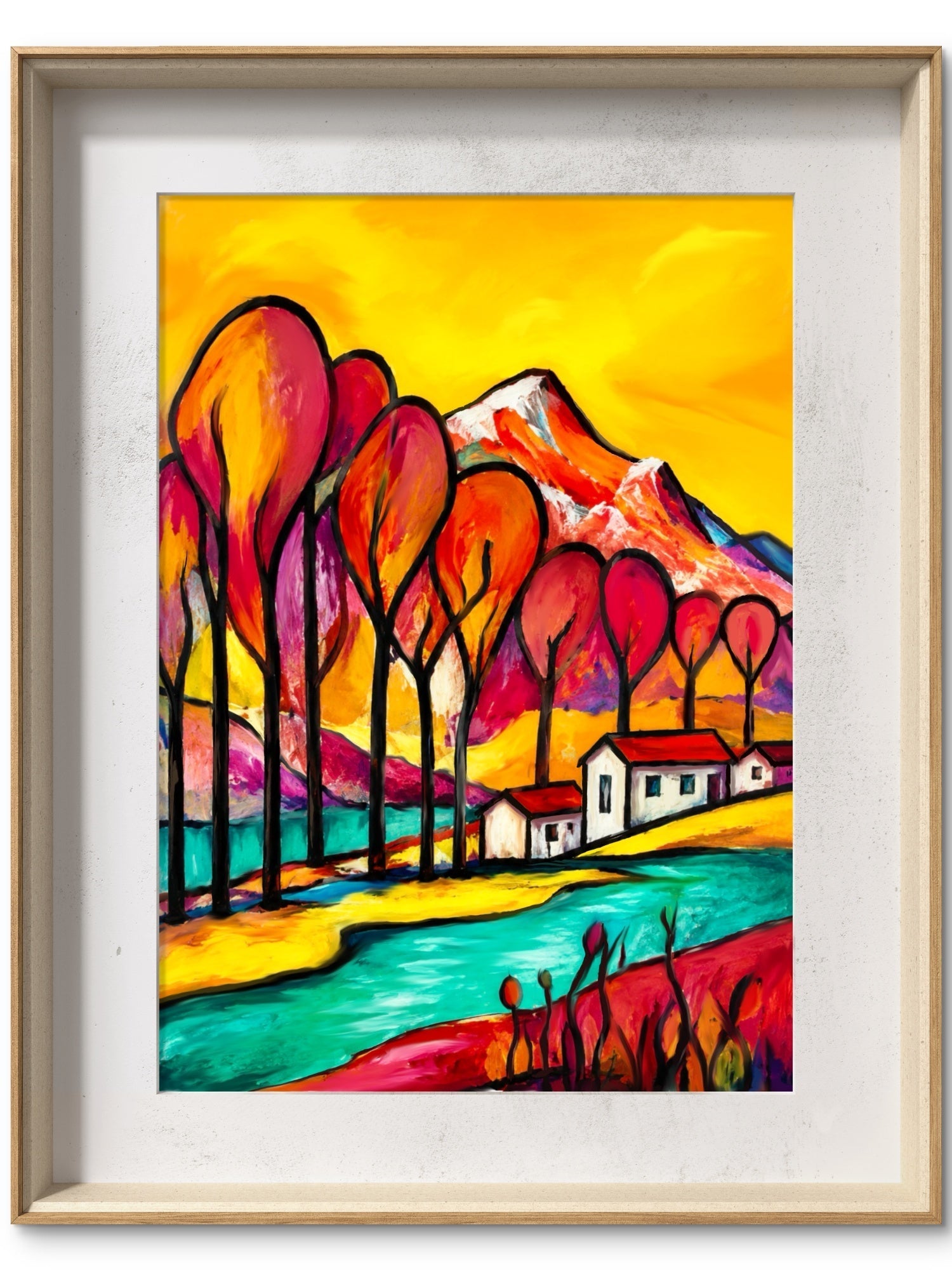 Innrammet giclée-trykk Fjellenes Fargerike Drøm på lys vegg