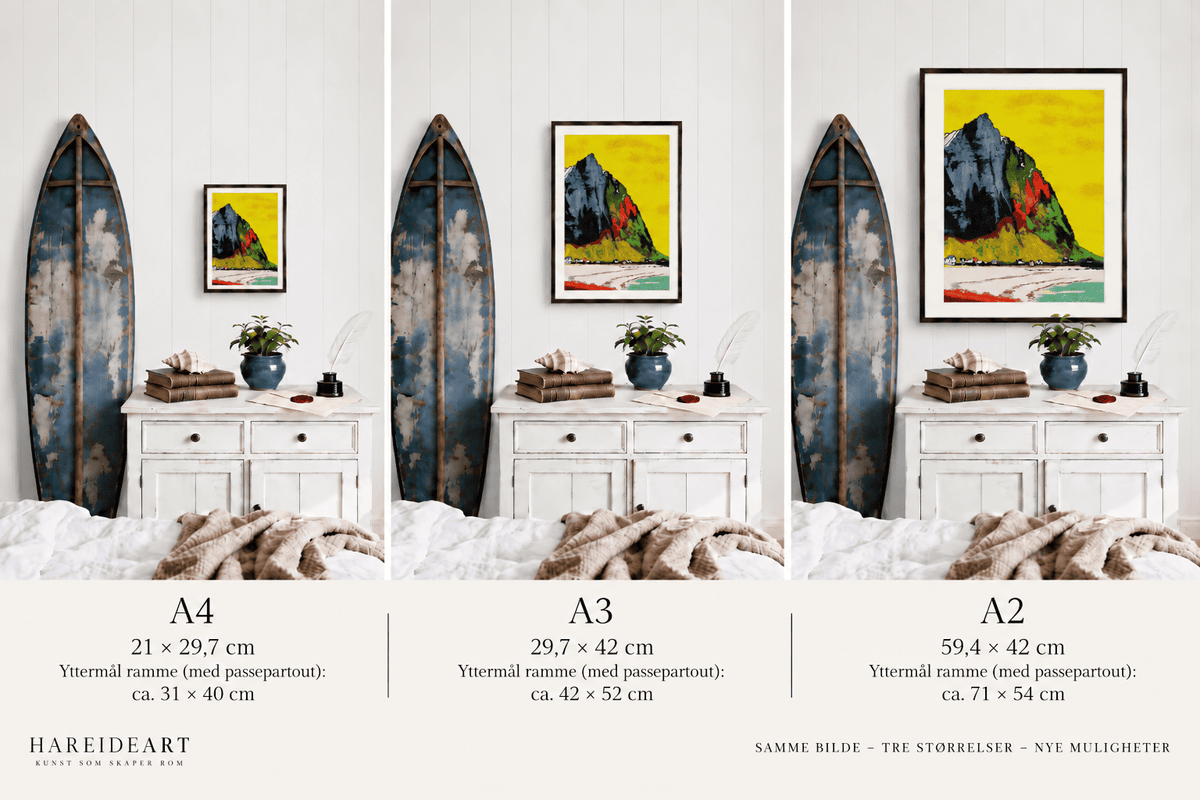 Fargerikt Fjell i Lofoten – størrelsesoversikt, giclée-trykk av HareideART