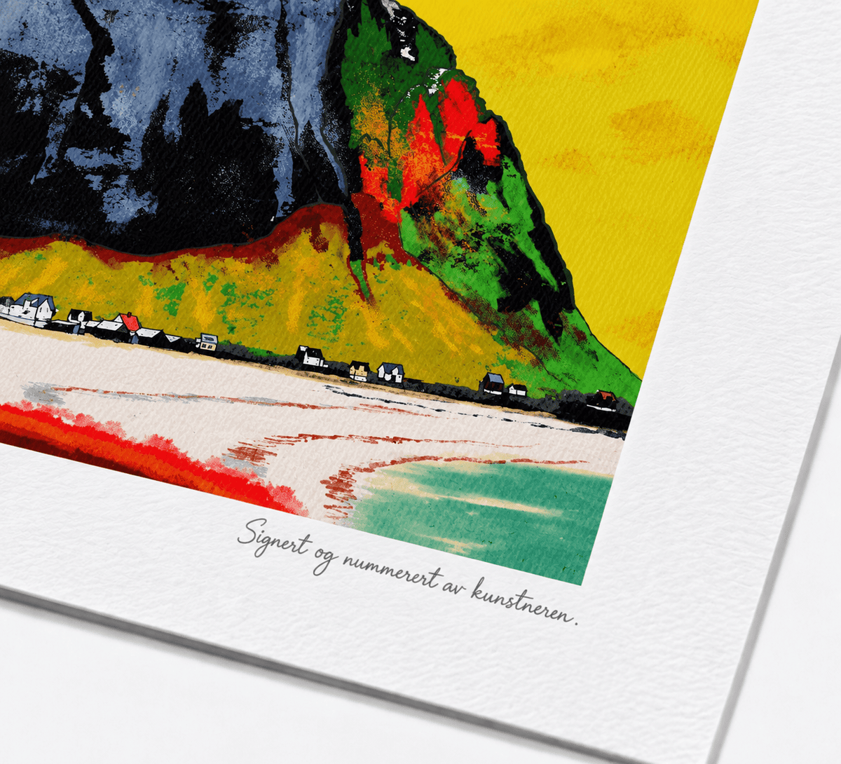Fargerikt Fjell i Lofoten – mockup på vegg, giclée-trykk av HareideART