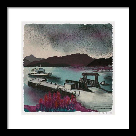 Ferga legger til ved Vassvik kaia Narvik – stemningsfullt høstkveld-motiv med ferge fra Øyjord, kunstprint av HareideART