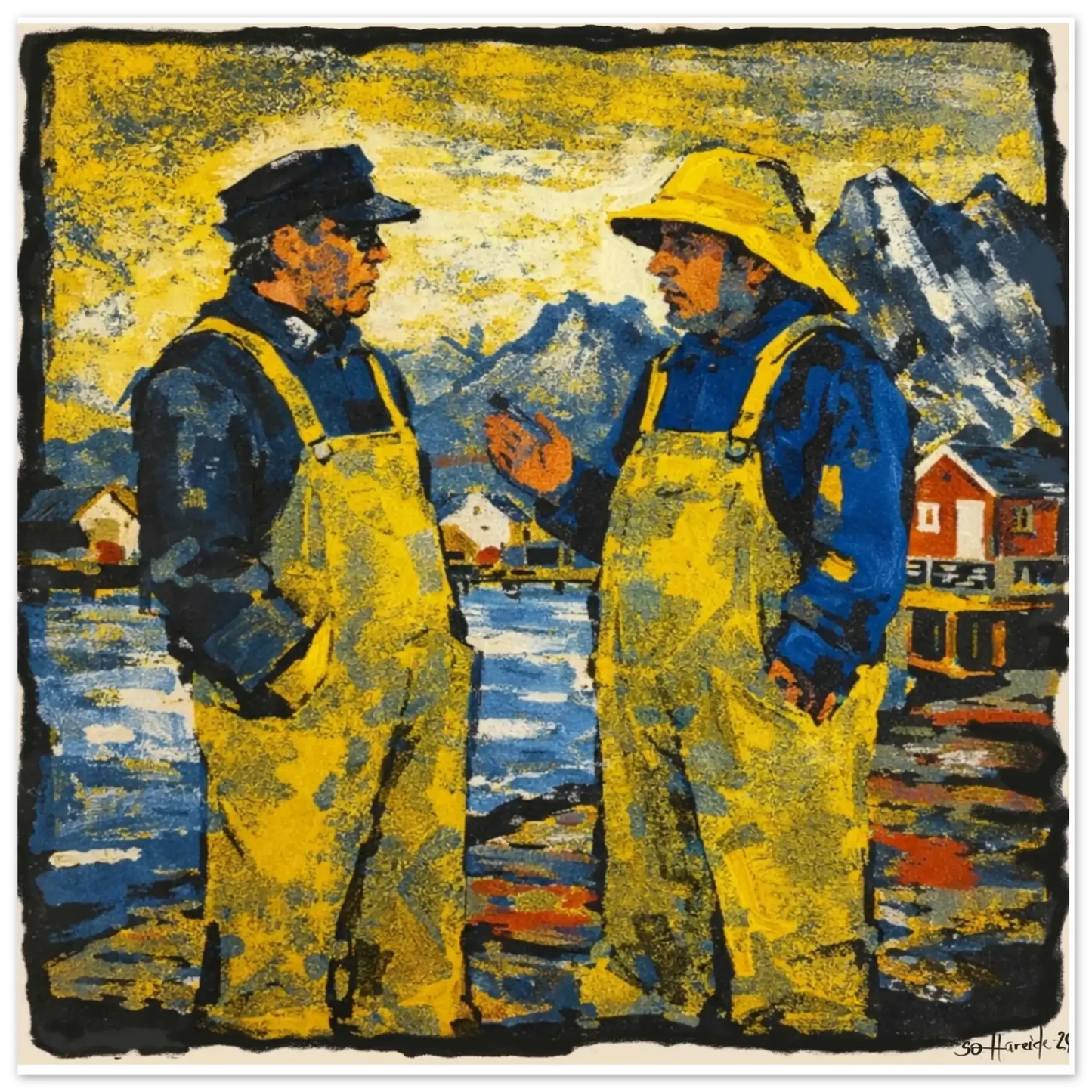 Samtalen – to fiskere i gule regnjakker i rolig samtale ved den norske kysten, kunstprint av HareideART