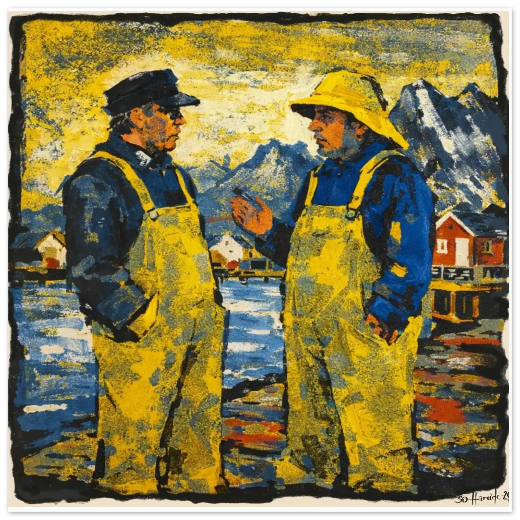 Samtalen – to fiskere i gule regnjakker i rolig samtale ved den norske kysten, kunstprint av HareideART
