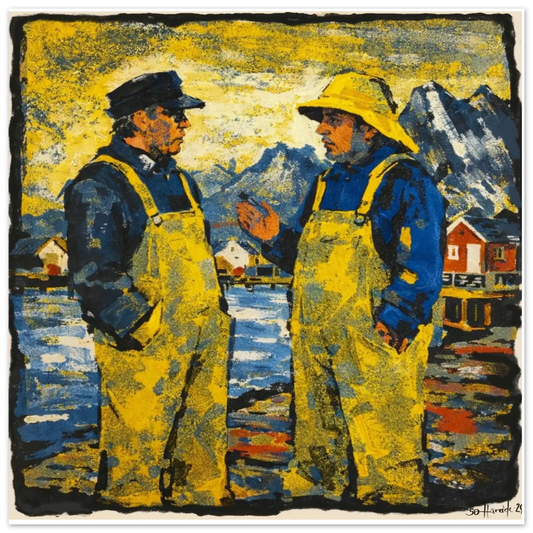 Samtalen – to fiskere i gule regnjakker i rolig samtale ved den norske kysten, kunstprint av HareideART