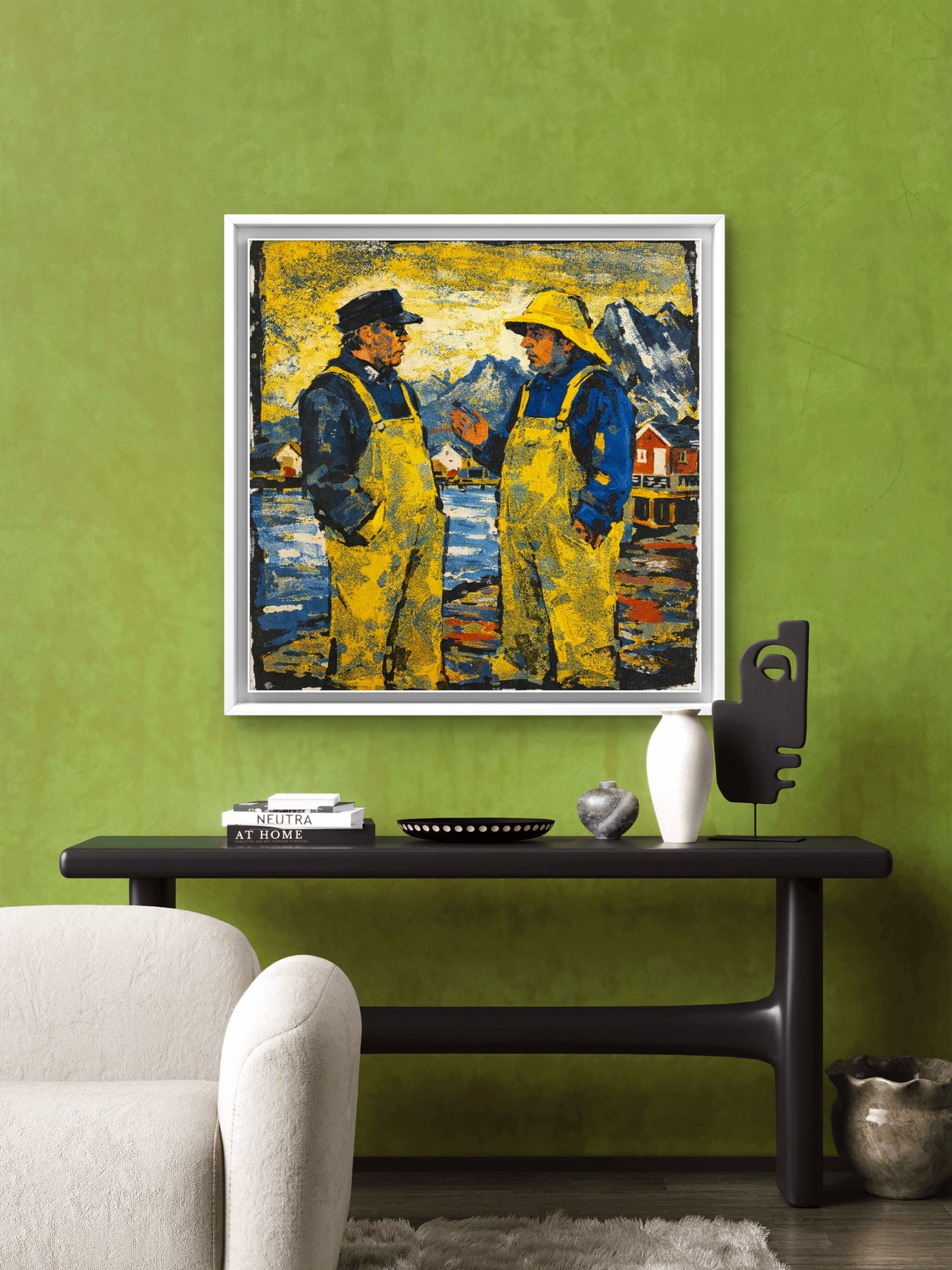 Fiskere i samtale hengt opp på grønn vegg