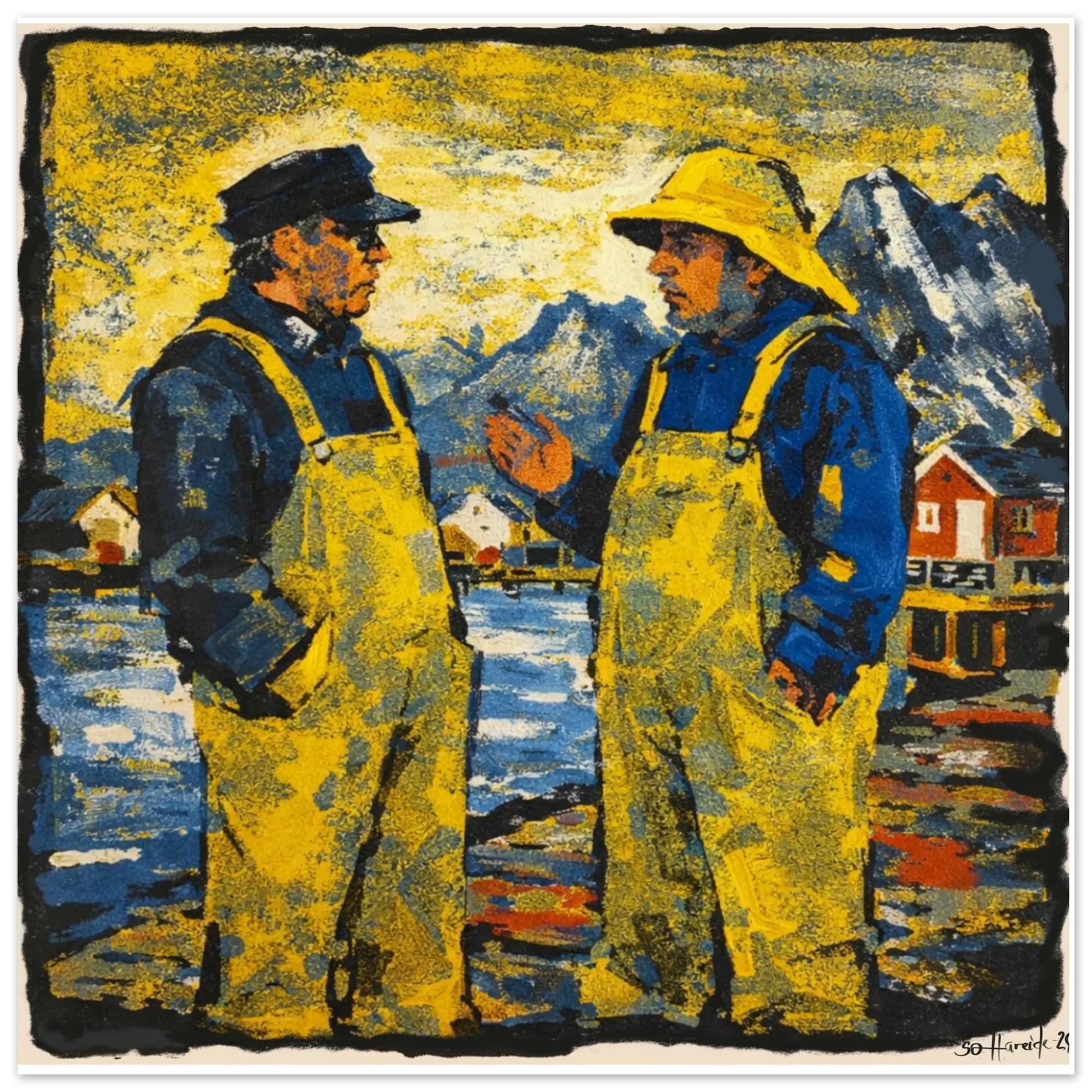 To fiskere står i en samtale på brygga