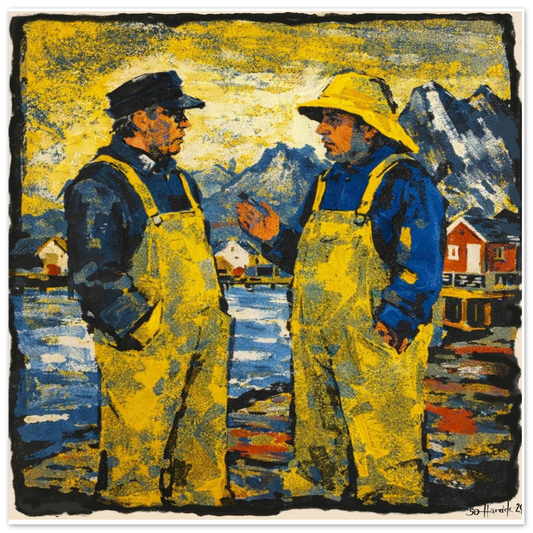 To fiskere står i en samtale på brygga