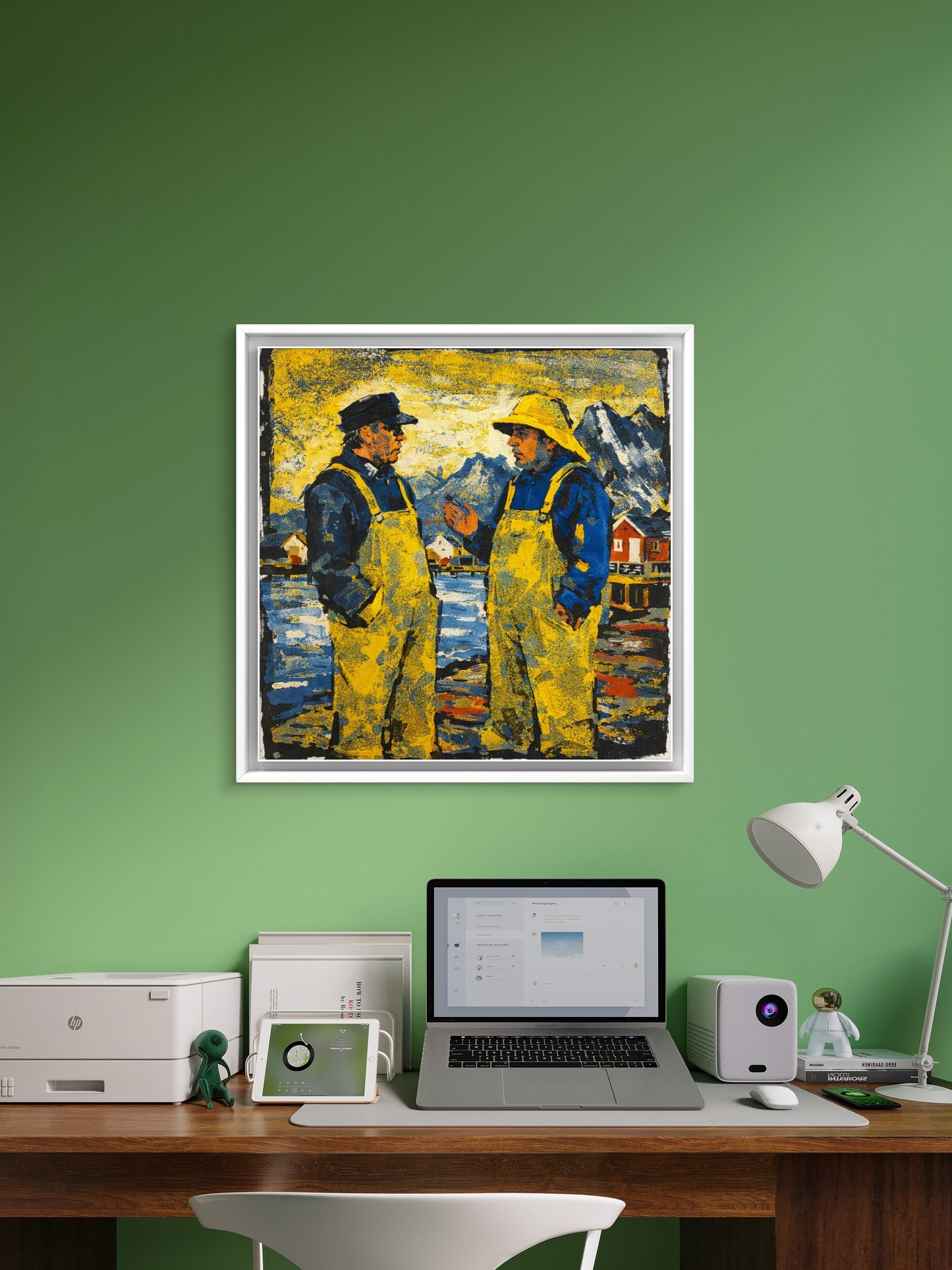 Bildet av fiskere i samtale på brygga hengt opp på kontoret