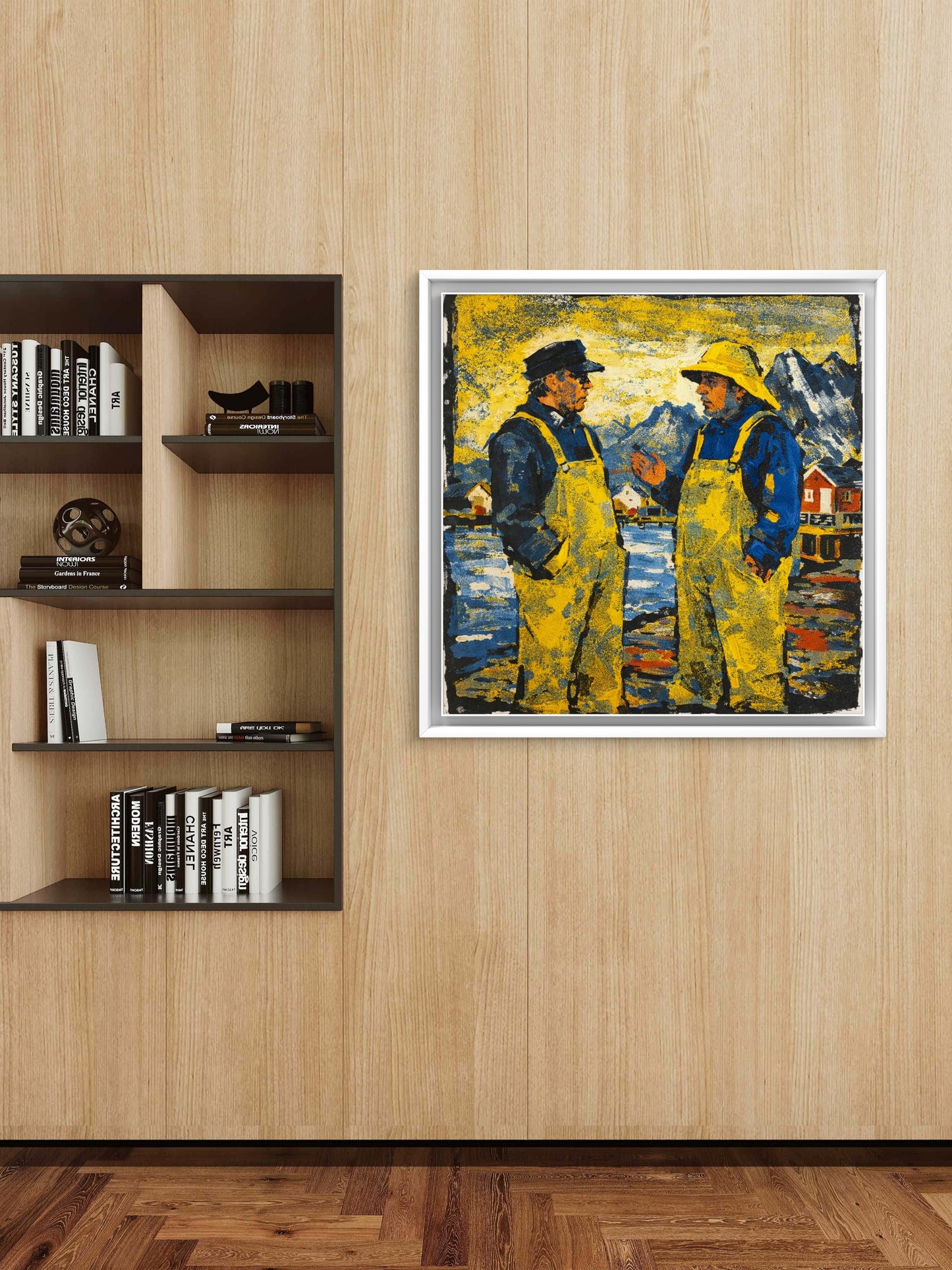 Fiskere i samtale hengt på vegg ved bokhylla